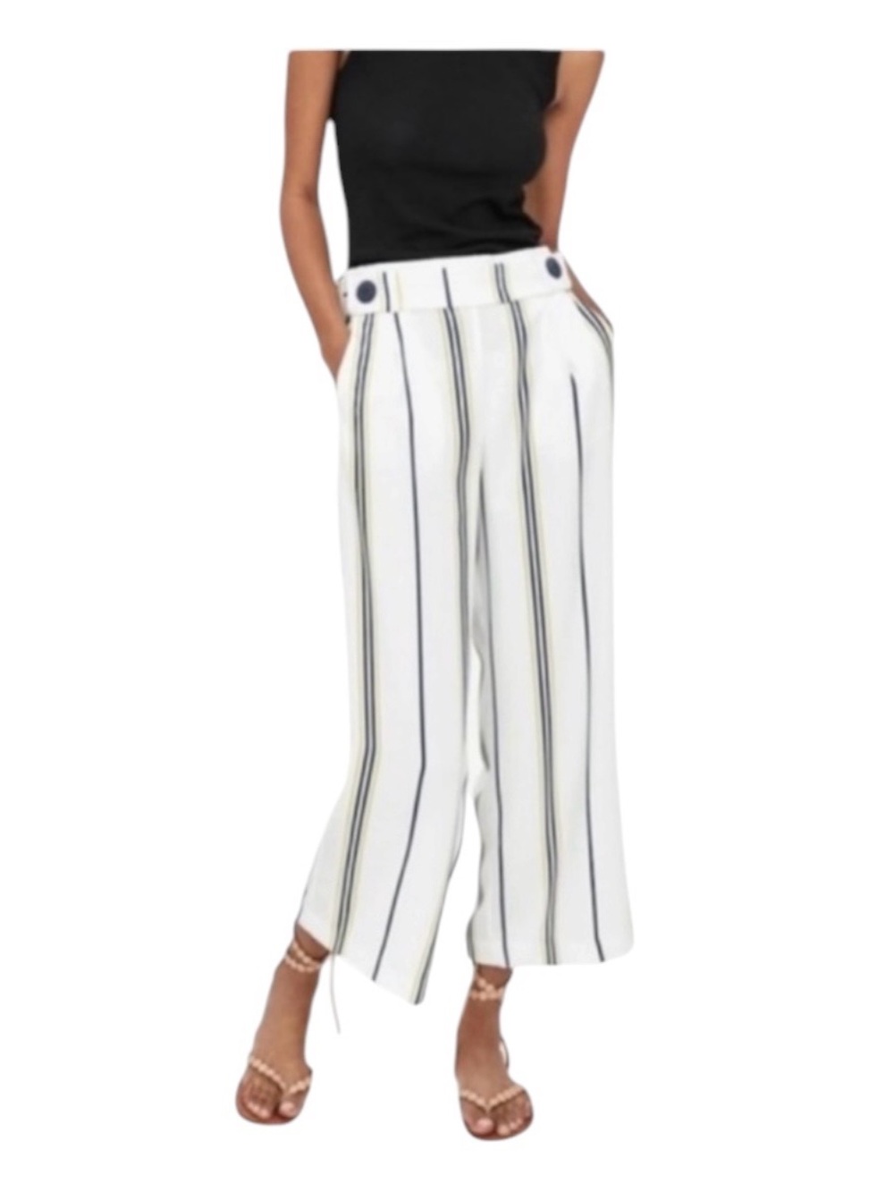 Zara Trafaluc White Striped Wide Leg Cropped Trouser Pants NEW SIZE SMALL